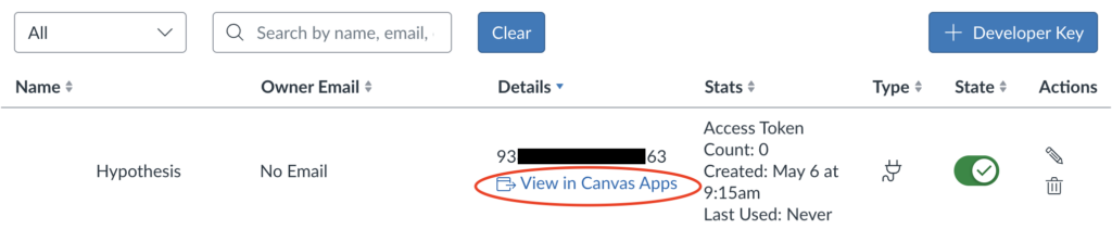 Image showing the View in Canvas Apps link for the LTI key